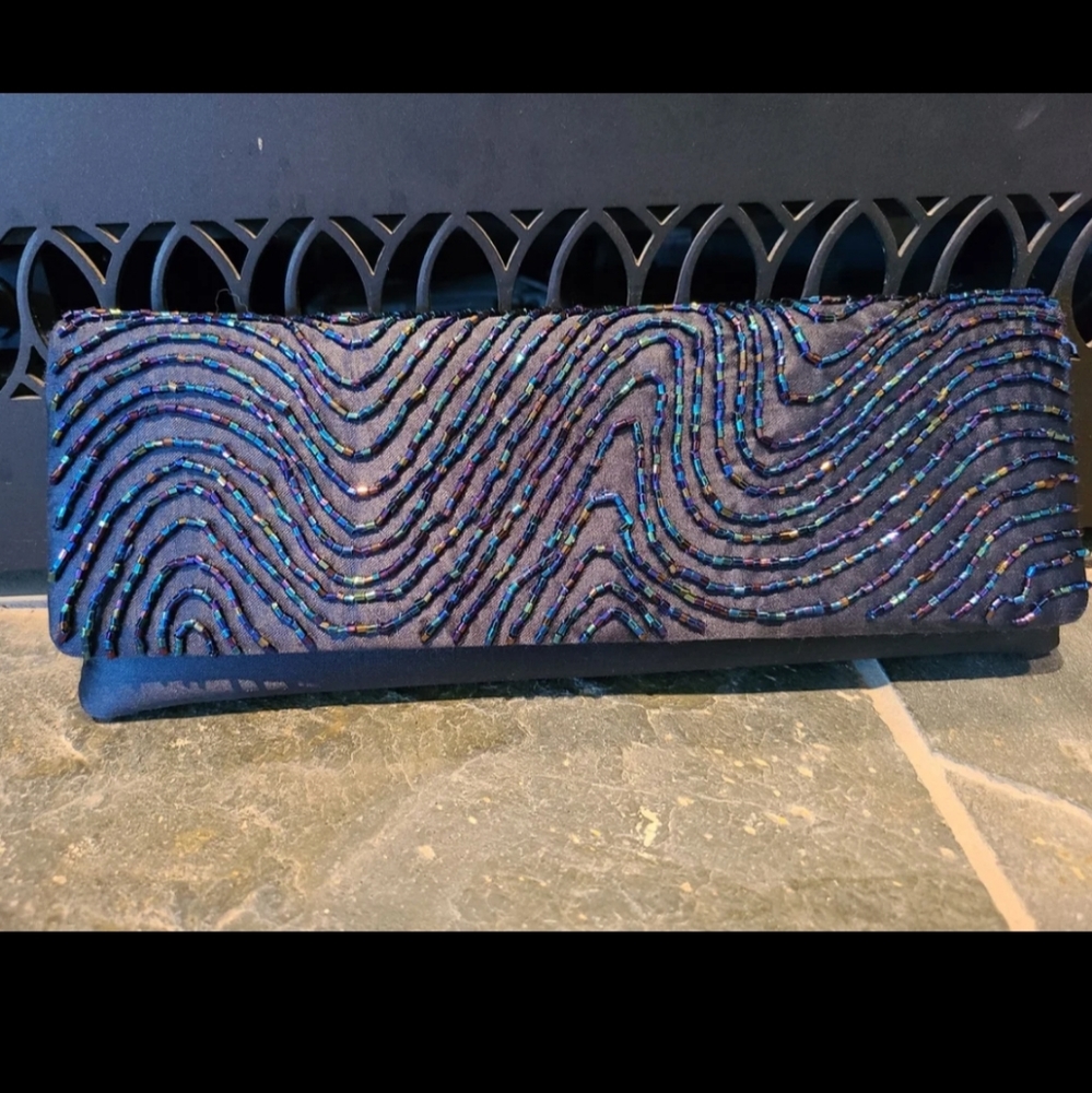 Vintage La Regale Navy Blue Green Purple beaded Small Cutch purse Shoulder Bag